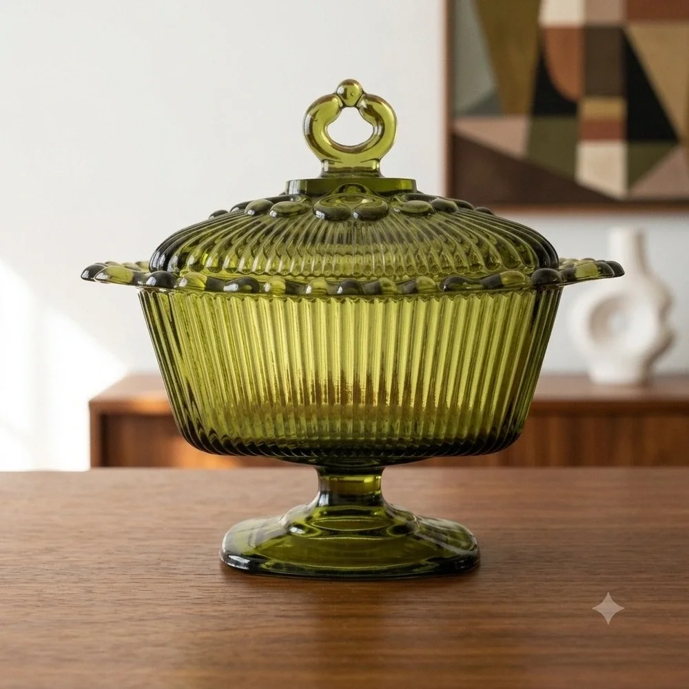 Indiana Glass Olive Green Lace Edged Footed Covered Candy Dish Compote